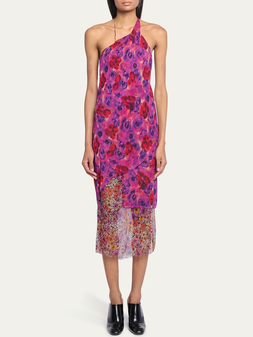 DRIES VAN NOTEN Drill One-Shoulder Layered Floral-Print Midi Dress in size 8